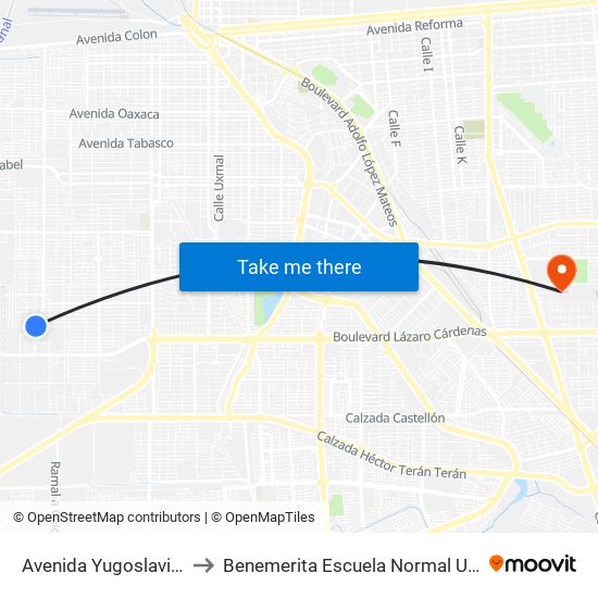 Avenida Yugoslavia / Arqueólogos to Benemerita Escuela Normal Urbana Federal Fronteriza map