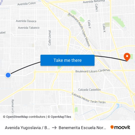 Avenida Yugoslavia / Boulevard Lázaro Cárdenas to Benemerita Escuela Normal Urbana Federal Fronteriza map