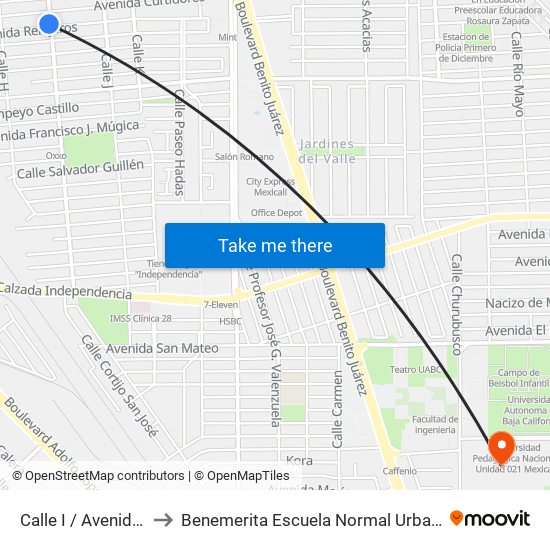 Calle I / Avenida Relojeros to Benemerita Escuela Normal Urbana Federal Fronteriza map