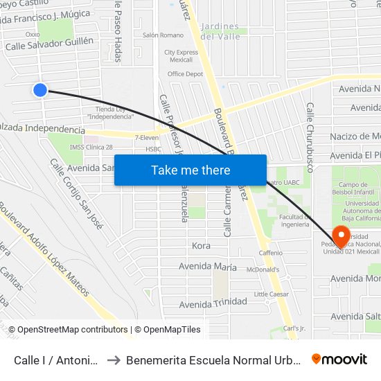 Calle I / Antonio Villanueva to Benemerita Escuela Normal Urbana Federal Fronteriza map