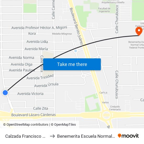 Calzada Francisco Montejano / Victoria to Benemerita Escuela Normal Urbana Federal Fronteriza map