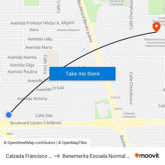 Calzada Francisco Montejano / Zita to Benemerita Escuela Normal Urbana Federal Fronteriza map