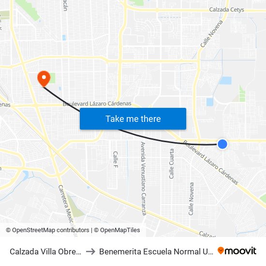 Calzada Villa Obregón / Río Congo to Benemerita Escuela Normal Urbana Federal Fronteriza map