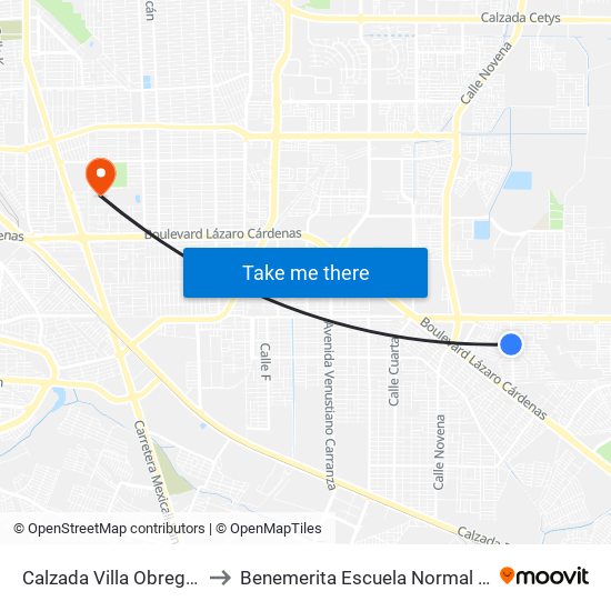 Calzada Villa Obregón / Río Guadalupe to Benemerita Escuela Normal Urbana Federal Fronteriza map