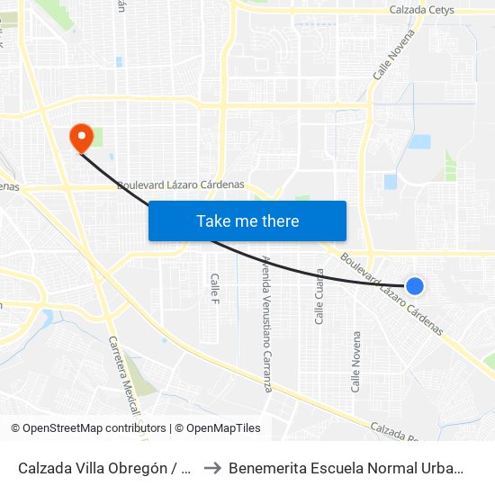 Calzada Villa Obregón / Villa Del Bosque to Benemerita Escuela Normal Urbana Federal Fronteriza map
