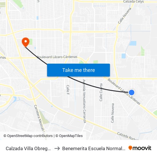 Calzada Villa Obregón / Villa Encantada to Benemerita Escuela Normal Urbana Federal Fronteriza map