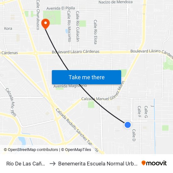 Río De Las Cañas / Calle 86 to Benemerita Escuela Normal Urbana Federal Fronteriza map