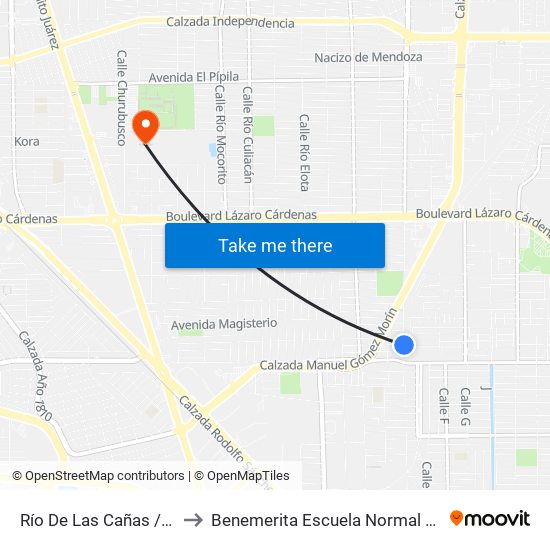 Río De Las Cañas / Avenida Del Ejido to Benemerita Escuela Normal Urbana Federal Fronteriza map