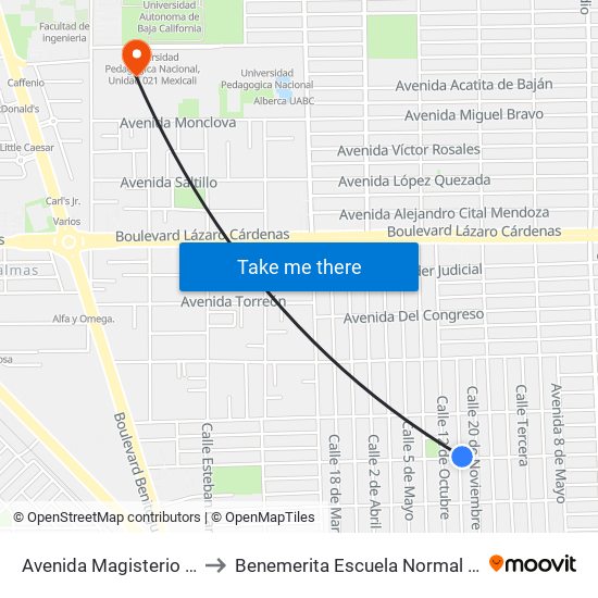 Avenida Magisterio / 11 De Noviembre to Benemerita Escuela Normal Urbana Federal Fronteriza map