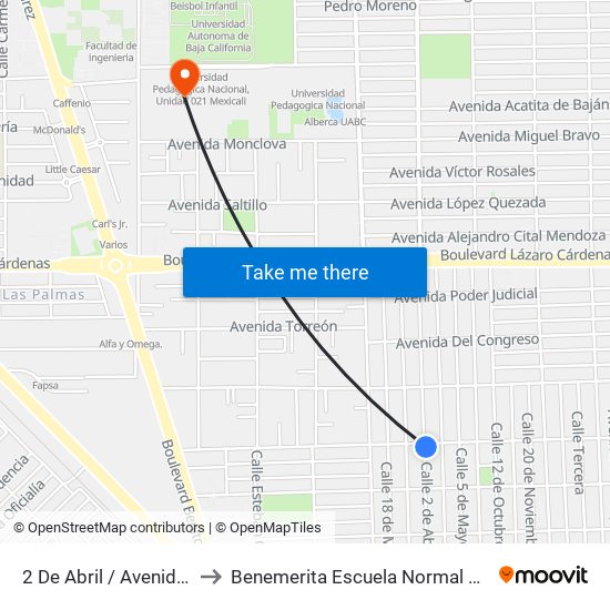2 De Abril / Avenida Constituyentes to Benemerita Escuela Normal Urbana Federal Fronteriza map
