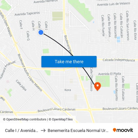 Calle I / Avenida Electricistas to Benemerita Escuela Normal Urbana Federal Fronteriza map