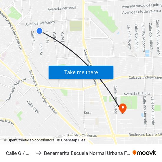 Calle G / Mineros to Benemerita Escuela Normal Urbana Federal Fronteriza map