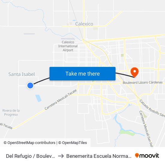 Del Refugio / Boulevard Lázaro Cárdenas to Benemerita Escuela Normal Urbana Federal Fronteriza map