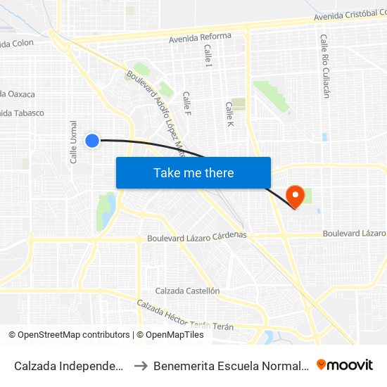 Calzada Independencia / Villa Hermosa to Benemerita Escuela Normal Urbana Federal Fronteriza map