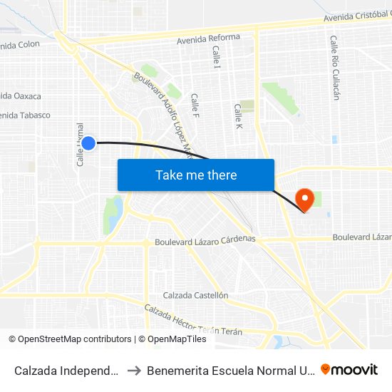 Calzada Independencia / Progreso to Benemerita Escuela Normal Urbana Federal Fronteriza map