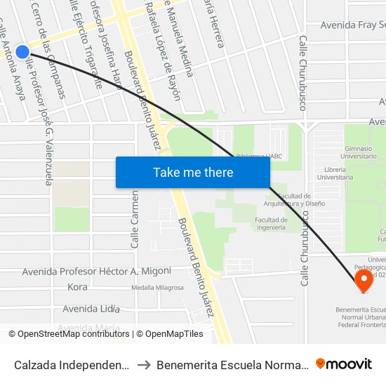 Calzada Independencia / José Valenzuela to Benemerita Escuela Normal Urbana Federal Fronteriza map