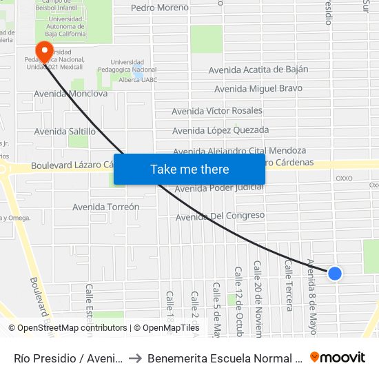 Río Presidio / Avenida Constituyentes to Benemerita Escuela Normal Urbana Federal Fronteriza map