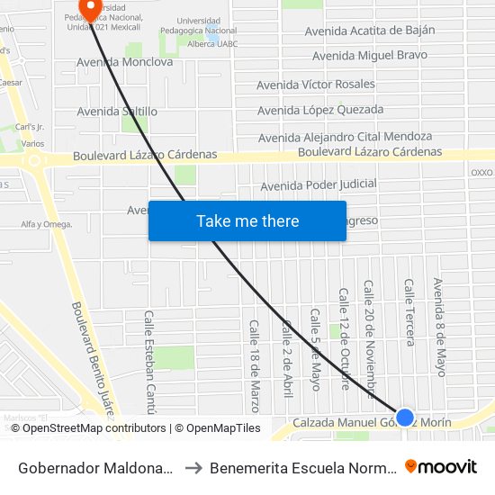 Gobernador Maldonado / Avenida Del Cabildo to Benemerita Escuela Normal Urbana Federal Fronteriza map