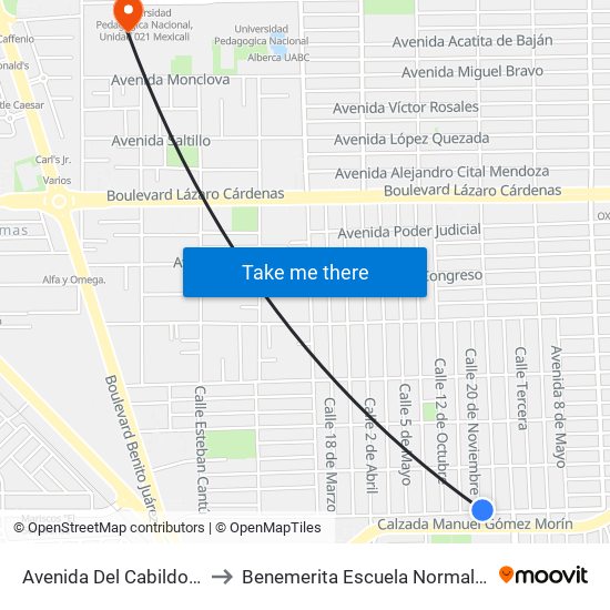 Avenida Del Cabildo / 20 De Noviembre to Benemerita Escuela Normal Urbana Federal Fronteriza map