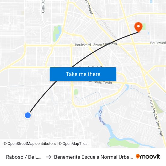 Raboso / De Los Portales to Benemerita Escuela Normal Urbana Federal Fronteriza map