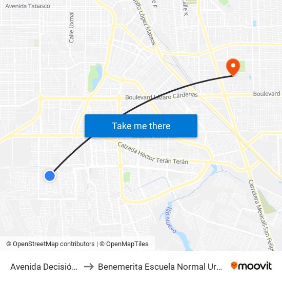 Avenida Decisión / Seguridad to Benemerita Escuela Normal Urbana Federal Fronteriza map