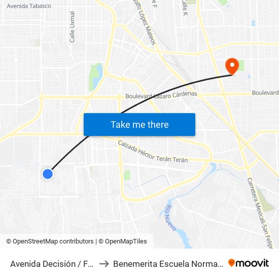 Avenida Decisión / Fuente De Los Deseos to Benemerita Escuela Normal Urbana Federal Fronteriza map