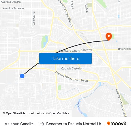 Valentín Canalizó / Federación to Benemerita Escuela Normal Urbana Federal Fronteriza map