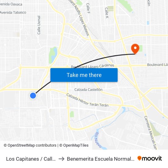 Los Capitanes / Callejón Martín Cabrera to Benemerita Escuela Normal Urbana Federal Fronteriza map