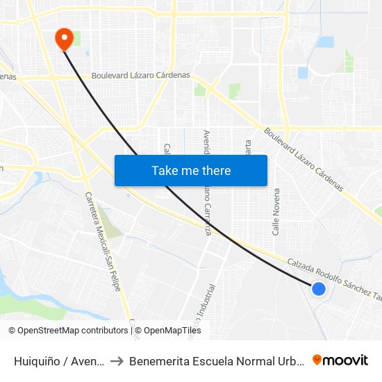 Huiquiño / Avenida Cantona to Benemerita Escuela Normal Urbana Federal Fronteriza map