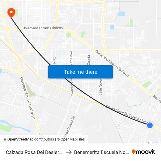 Calzada Rosa Del Desierto / Boulevard Sánchez Taboada to Benemerita Escuela Normal Urbana Federal Fronteriza map
