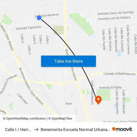 Calle I / Herreros Sur to Benemerita Escuela Normal Urbana Federal Fronteriza map