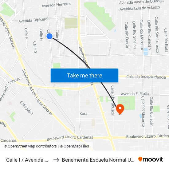 Calle I / Avenida Marmoleros Sur to Benemerita Escuela Normal Urbana Federal Fronteriza map