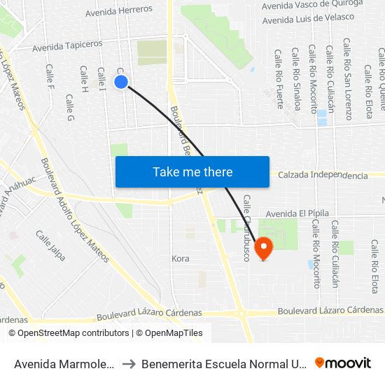 Avenida Marmoleros Sur / Calle J to Benemerita Escuela Normal Urbana Federal Fronteriza map