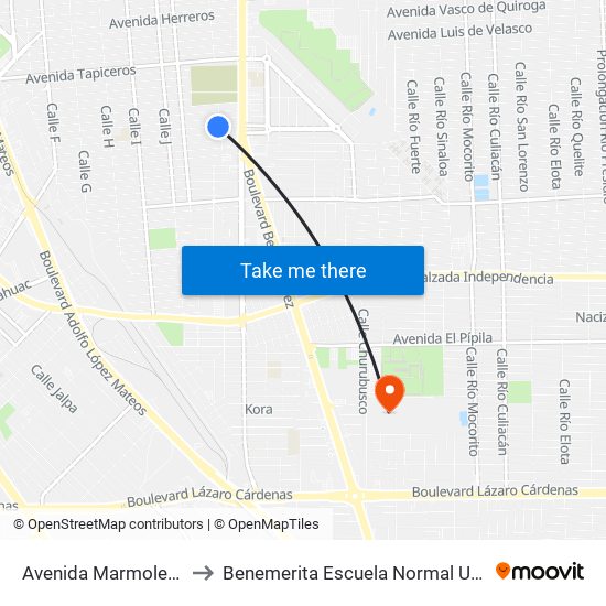 Avenida Marmoleros Sur / Calle L to Benemerita Escuela Normal Urbana Federal Fronteriza map