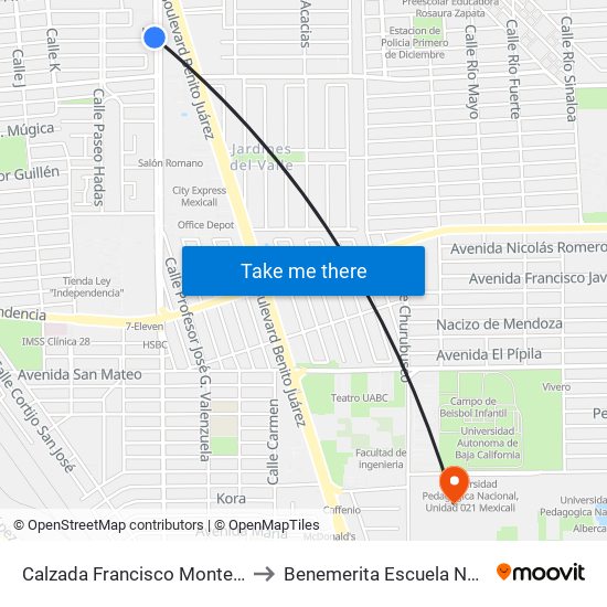 Calzada Francisco Montejano / Avenida José Sánchez Islas to Benemerita Escuela Normal Urbana Federal Fronteriza map