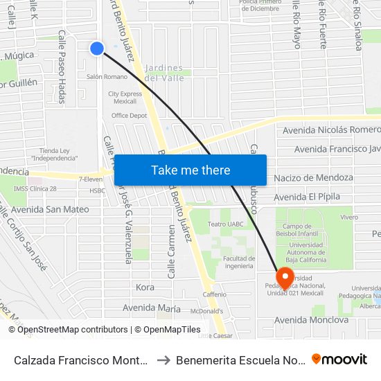 Calzada Francisco Montejano / Avenida Francisco Mujica to Benemerita Escuela Normal Urbana Federal Fronteriza map