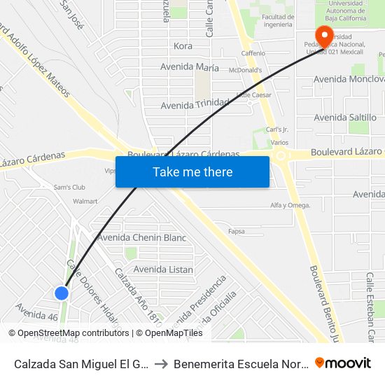 Calzada San Miguel El Grande / Avenida Niños Héroes to Benemerita Escuela Normal Urbana Federal Fronteriza map