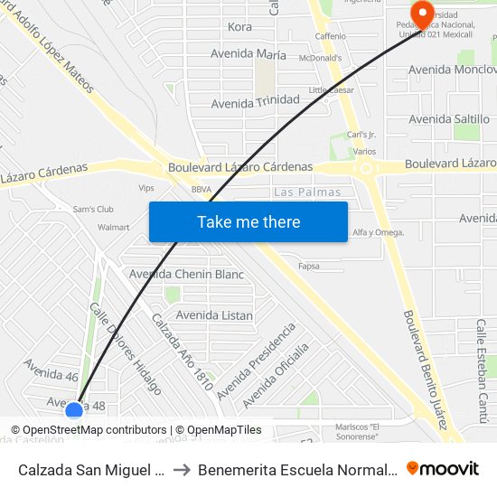 Calzada San Miguel El Grande / Calle 49 to Benemerita Escuela Normal Urbana Federal Fronteriza map