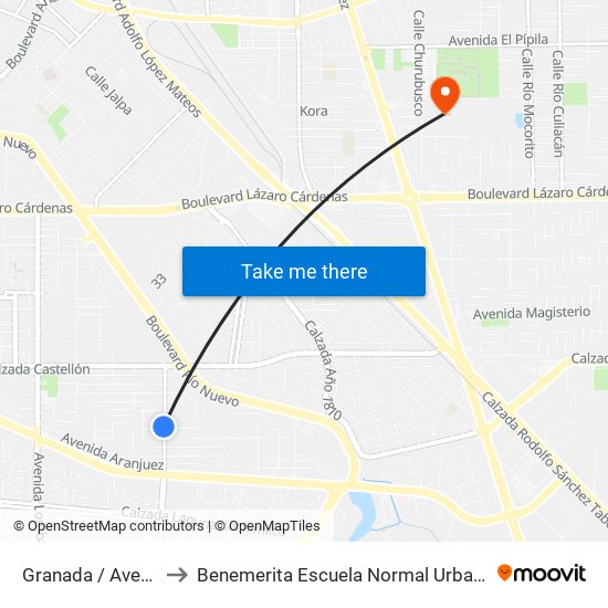 Granada / Avenida Sevilla to Benemerita Escuela Normal Urbana Federal Fronteriza map