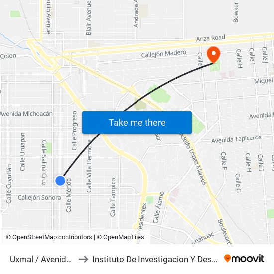 Uxmal / Avenida Yucatán to Instituto De Investigacion Y Desarrollo Educativo map