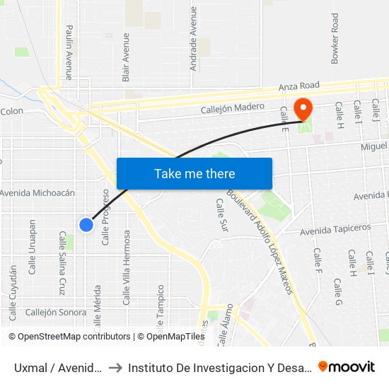 Uxmal / Avenida Puebla to Instituto De Investigacion Y Desarrollo Educativo map