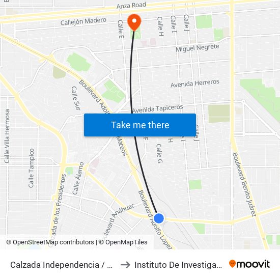 Calzada Independencia / Boulevard Adolfo López Mateos to Instituto De Investigacion Y Desarrollo Educativo map