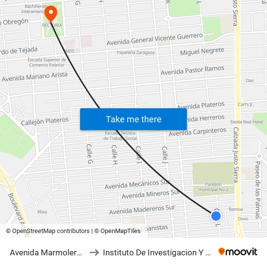 Avenida Marmoleros Sur / Calle L to Instituto De Investigacion Y Desarrollo Educativo map