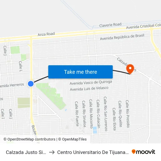 Calzada Justo Sierra, 950_1 to Centro Universitario De Tijuana Campus Mexicali map