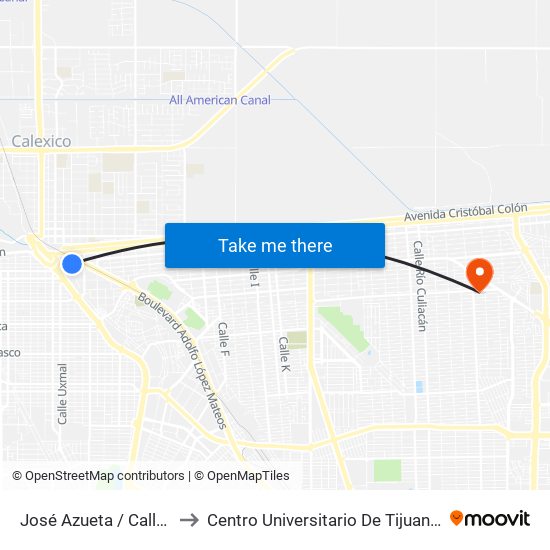 José Azueta / Callejón Reforma to Centro Universitario De Tijuana Campus Mexicali map