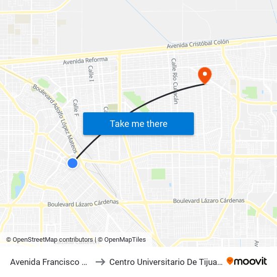 Avenida Francisco Sarabia / Calera to Centro Universitario De Tijuana Campus Mexicali map