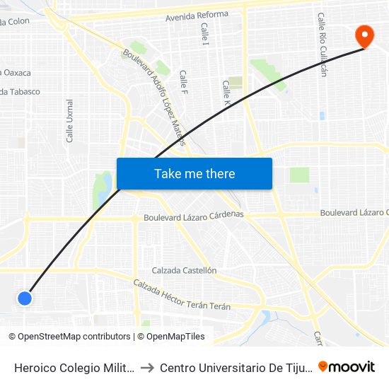 Heroico Colegio Militar / Pedro García to Centro Universitario De Tijuana Campus Mexicali map