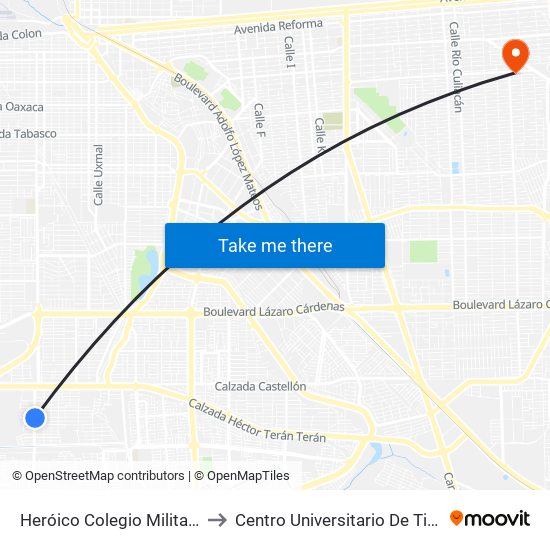 Heróico Colegio Militar / Valentín Canalizó to Centro Universitario De Tijuana Campus Mexicali map