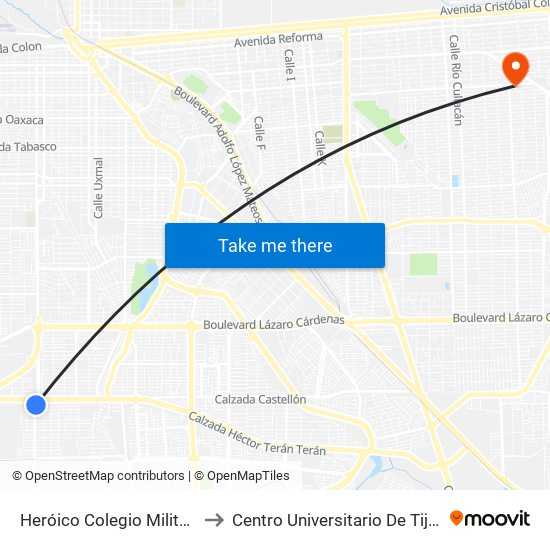 Heróico Colegio Militar / Antonio Medina to Centro Universitario De Tijuana Campus Mexicali map