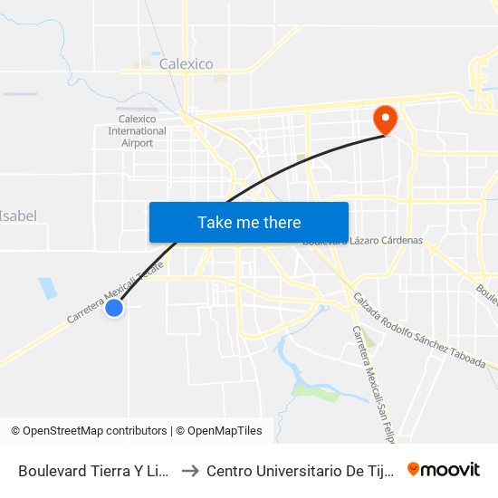 Boulevard Tierra Y Libertad / Periférico to Centro Universitario De Tijuana Campus Mexicali map